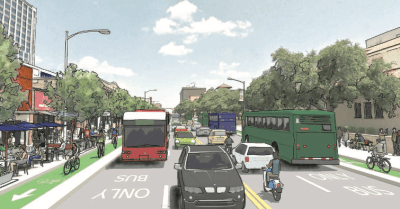 Austin plans to overhaul one of its busiest streets with bus lanes and protected bike lanes. Image: Kimley Horn via city of Austin [PDF]