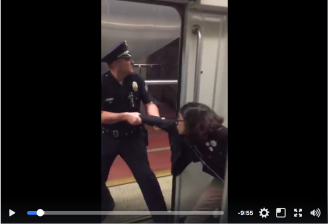 Officer drags Bethany Nava off the train at Westlake/MacArthur Park for not removing her foot from the seat where it was propped up. [Image: still from video taken by Brock Bryan.]
