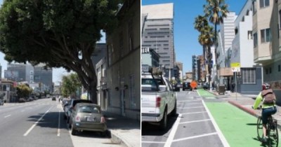 Before/after cross-sections of 7th Street, San Francisco. Photos: Jeremy Menzies, SFMTA