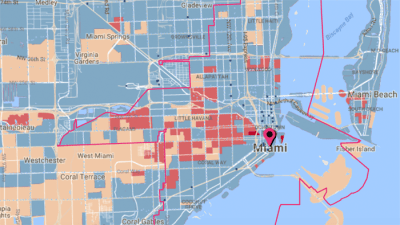 The red areas mark parts of Miami where transit demand is high but service is underwhelming. Map: Center for Neighborhood Technology