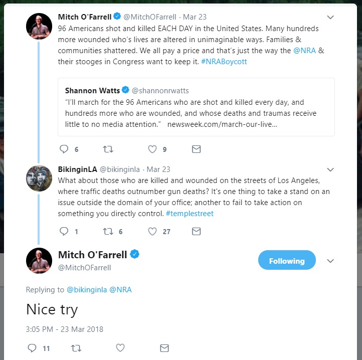 L.A. City Councilmember Mitch O'Farrell responding to traffic violence concerns: "Nice try" Screenshot via Twitter
