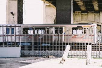 Metro is using the wrong estimates to refuse to evalutate HRT on the West Santa Ana Branch. An L.A. subway train on the trail tracks along the river, under the now-removed 6th Street bridge. Photo: Streetsblog/Rudick