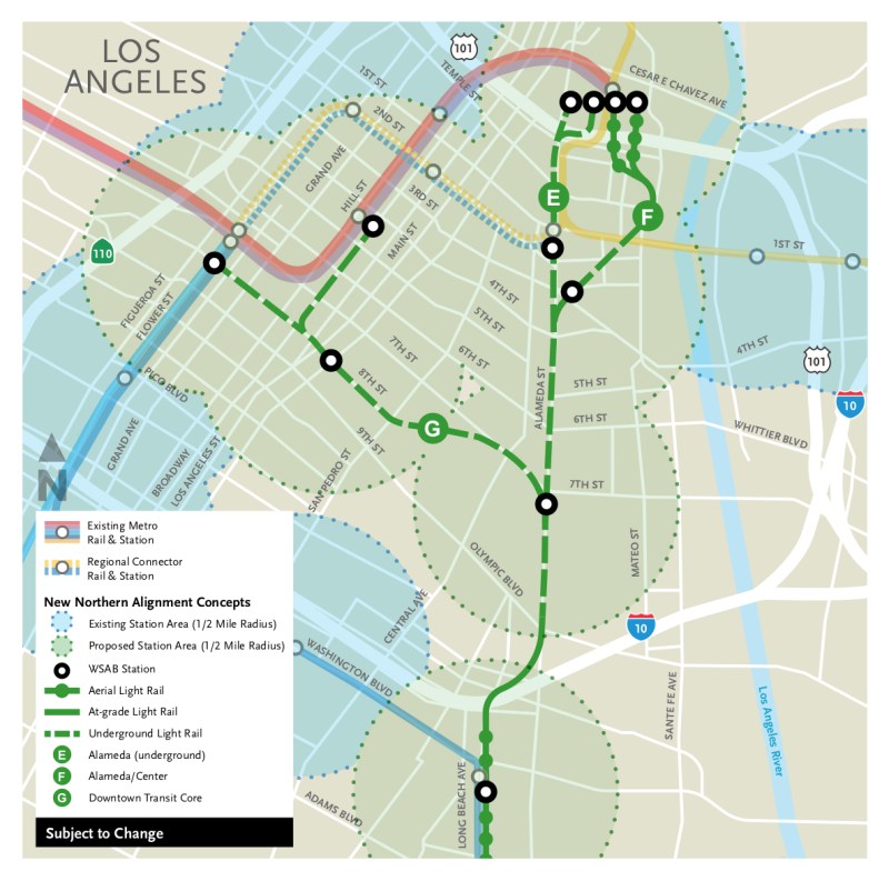 For the West Santa Ana Branch, Metro staff is recommending three two-billion dollar tunnels, and ignoring a higher capacity surface heavy rail alternative. Map via Metro