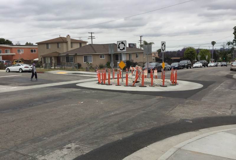 This traffic circle on Budlong Avenue at 127th Street is part of an L.A. County bicycle boulevard under construction. Photos by Joe Linton/Streetsblog L.A.