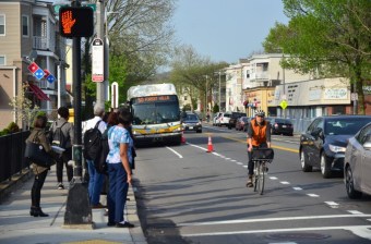 Boston's Washington Street bus/bike lane pilot. Photo: LivableStreets Alliance