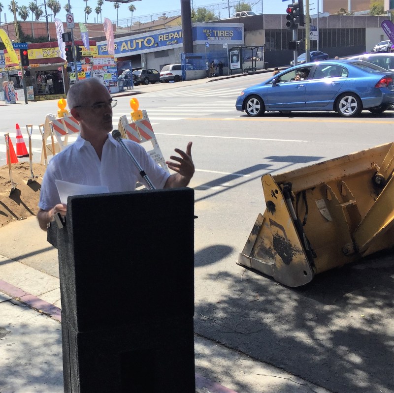 L.A. City Councilmember Mitch O'Farrell speaking at this morning's groundbreaking for Beverly Blvd safety improvements. All photos: Joe Linton/Streetsblog L.A.