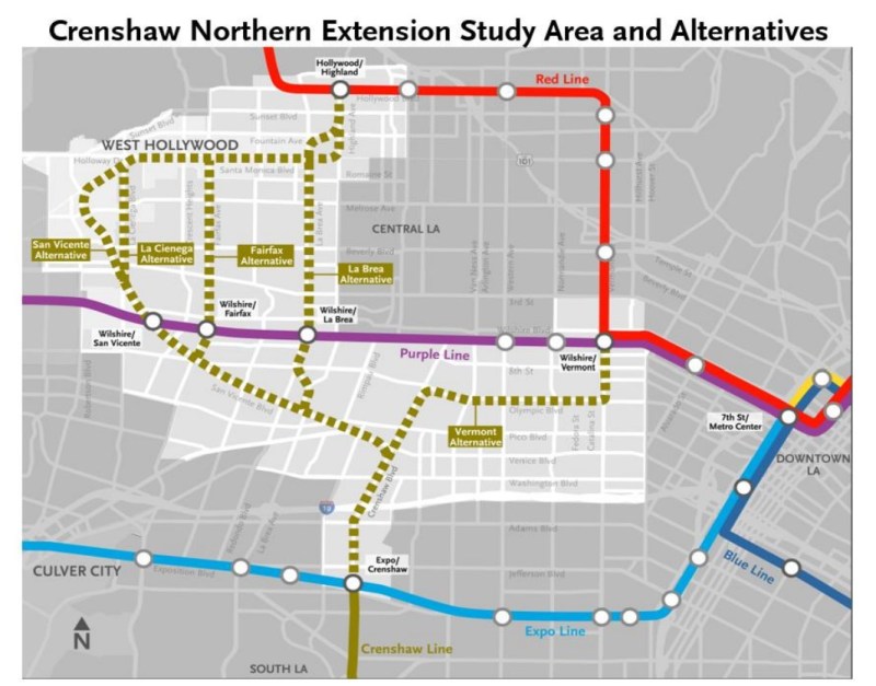 Map of Metro's proposed Crenshaw North alternatives. Image via Metro