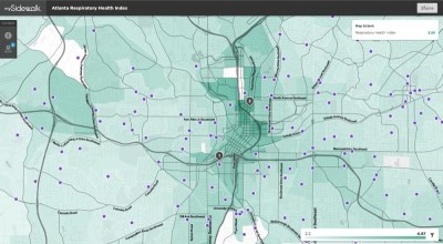 Air pollution concentrations in Atlanta show a clear increase by highways. The purple dots are the locations of schools. Map: Mysidewalk via Strongtowns