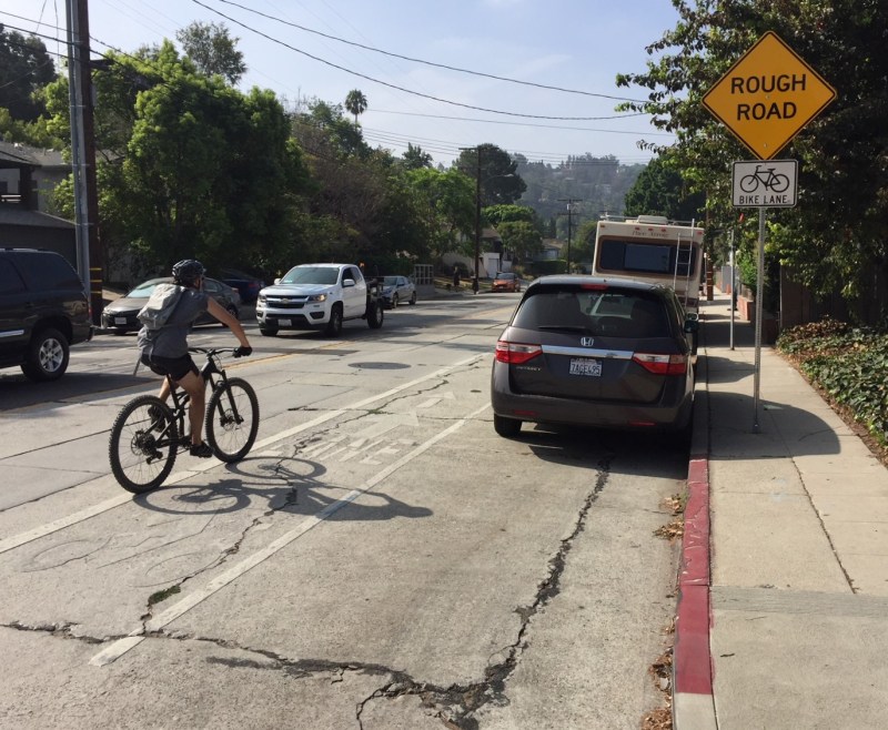 New ROUGH ROAD sign on Griffith Park Blvd. Photos by Joe Linton/Streetsblog L.A.