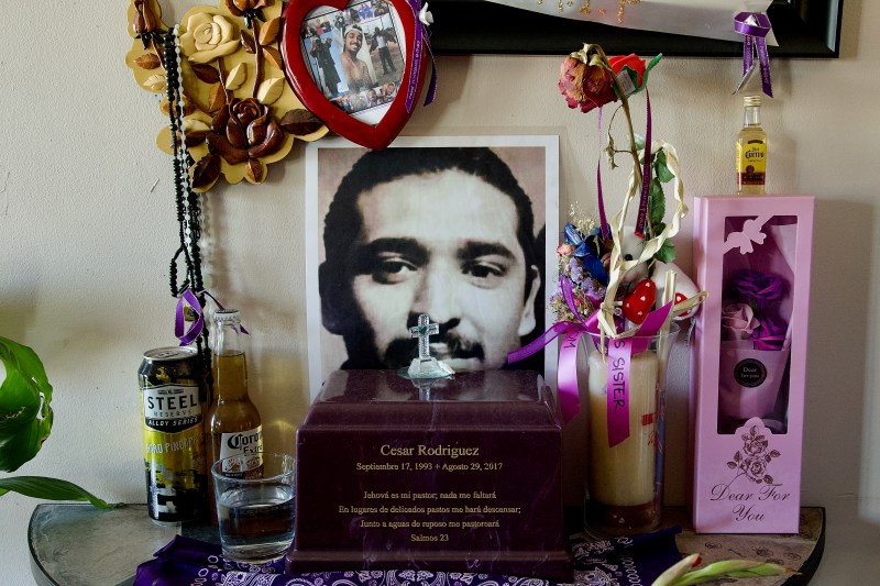 Cesar Rodríguez' ashes are the centerpiece of an altar that takes up one side of the common room where his family lives. Sahra Sulaiman/Streetsblog L.A.