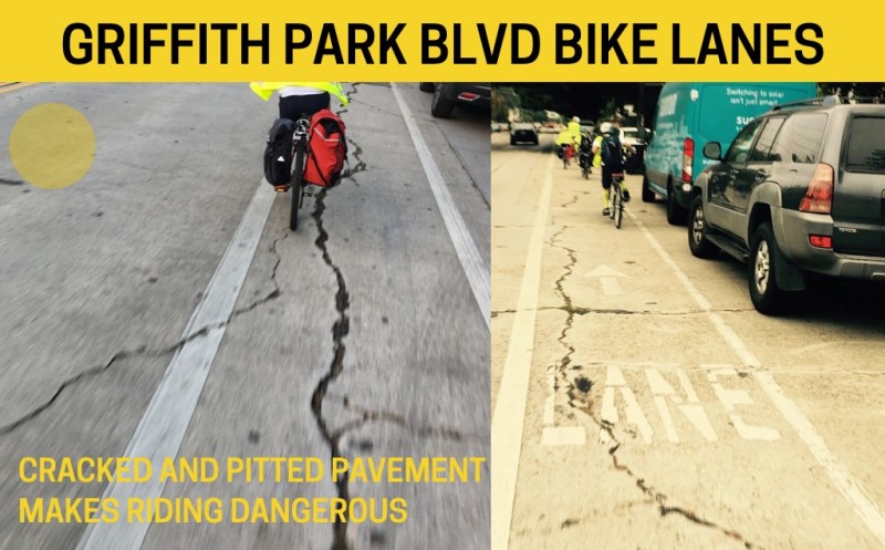 Griffith Park Boulevard's cracked concrete bike lane. Photo via Friends of Thomas Star King Middle School