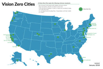 About 30 U.S. cities have committed to Vision Zero, but that's the easy part. Map: Vision Zero Network