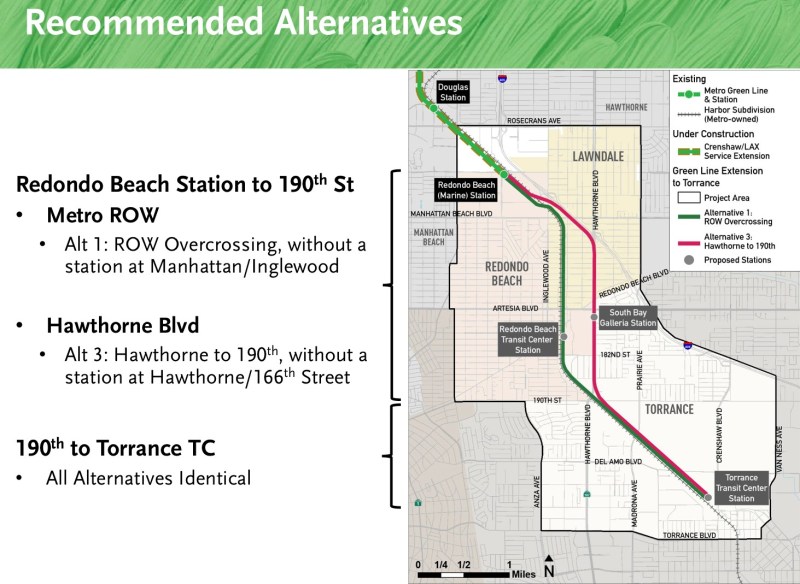 Metro's planning committee approved narrowing down Torrance Green Line alternatives to be studied further. Map via Metro