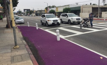 Purple painted curb extensions on Pico at Curson. All photos Joe Linton/Streetsblog L.A.