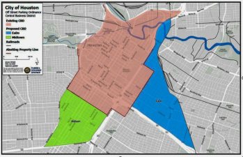 The green and blue areas will no longer have to comply with Houston's minimum parking requirements. Map: Houston Planning Commission