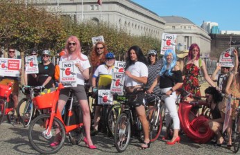 A Senator, a Mayor, and housing, transit, and bike advocates showed their opposition to Prop 6, and showed that it is possible to ride a bike in heels and sporting hair. Photos by Melanie Curry/Streetsblog