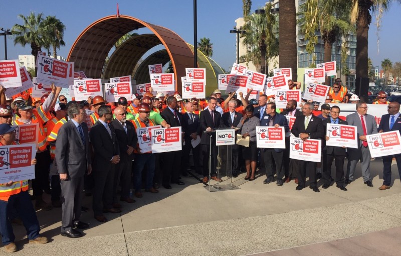 L.A. Mayor Eric Garcetti speaking at today's No on Proposition 6 rally. Photo: Joe Linton/Streetsblog L.A.