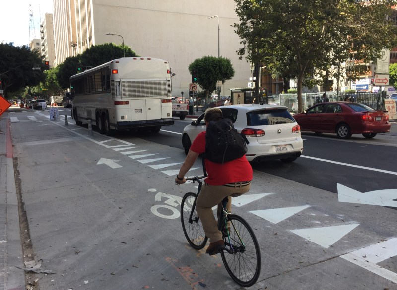 Spring Street has a new widened parking-protected bike lane. All photos: Joe Linton/Streetsblog L.A.