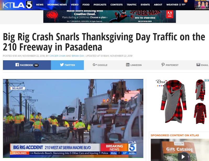 Screenshot of KTLA coverage of last Thursday's truck "accident" that damaged the Metro Gold Line