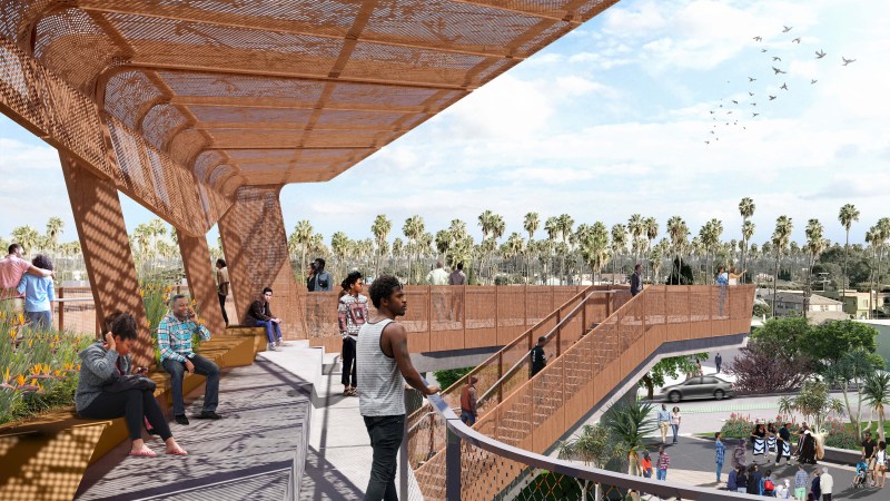 Sankofa Park, at Crenshaw and Vernon, will give visitors the opportunity to take in the entirety of Destination Crenshaw. The groundbreaking, set for February 29, will happen here. Registration begins at 12:30; the groundbreaking ceremony begins at 2 p.m. (See flyer embedded in the story below.) Rendering: Perkins+Will