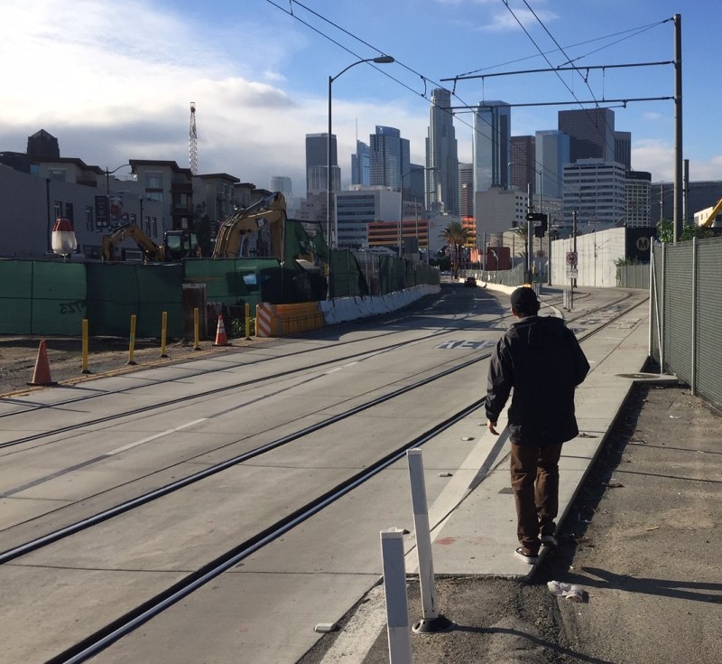 Metro prohibits pedestrians and cyclists from this stretch of First Street in Little Tokyo. All photos by Joe Linton/Streetsblog L.A.