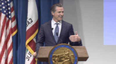 Gavin Newsom delivers his first budget speech as Governor of California. Image: Screengrab from CATV