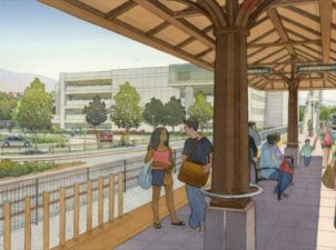 The Foothill Gold Line Construction Authority is conducting a supplemental environmental impact review of a proposal to reduce 1611 parking spaces at Glendale, San Dimas, La Verne, Pomona and Claremont Stations. Construction on the Gold Line extension is expected to start next month.  Pomona Station rendering via Foothill Gold Line Construction Authority