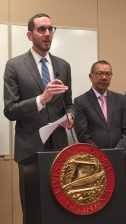 Senator Scott Wiener, with SF Supervisor Norman Yee looking on, introduces a new Complete Streets bill. Photo: Melanie Curry/Streetsblog