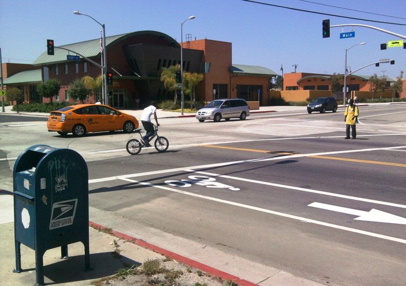 The L.A. Neighborhood Council Coalition backed off a strongly anti-road-diet motion, instead only calling for community input. Pictured road diet on Main Street in South L.A. Photo: Joe Linton/Streetsblog L.A.