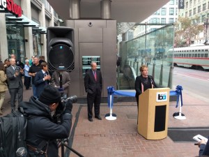 BART director Grace Crunican at the lectern during a ribbon cutting for a new station canopy. Although they've made great strides, women still represent a minority of transportation professionals. Photo: Streetsblog/Rudick