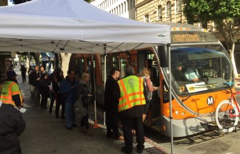 Riders lining up for the 860 express bus - at 3 p.m. at Flower and 7th in downtown L.A. Photo by Joe Linton/Streetsblog L.A.