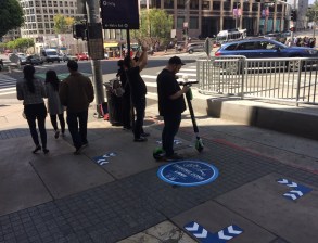 E-scooter parking on Figueroa Street in downtown Los Angeles. Photos by Joe Linton/Streetsblog L.A.