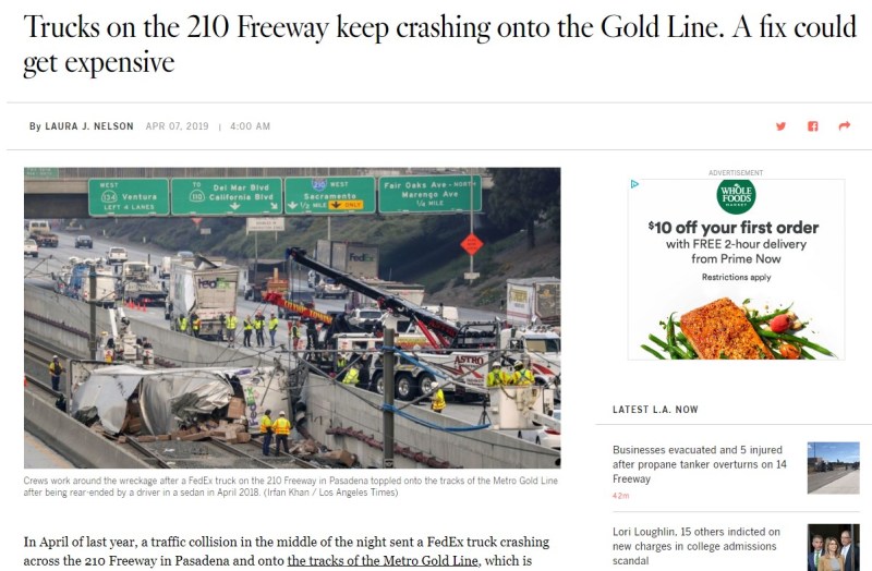 Last Sunday's L.A. Times coverage of plans to prevent 210 Freeway vehicles from crashing into the Metro Gold Line
