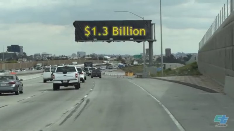 Still from Caltrans April 2019 video showing the $1.3B cost of cost of 5-Freeway North