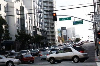 A westward look at the traffic queue on Harrison from Main Street. Photo: Streetsblog