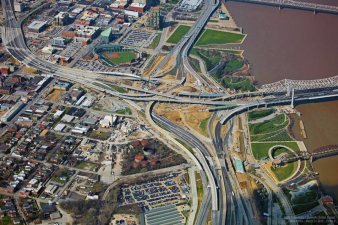 An aerial view of Louisville's $2.3 billion Ohio River Bridges Project. Photo: Ohio River Bridges Project via Broken Sidewalk