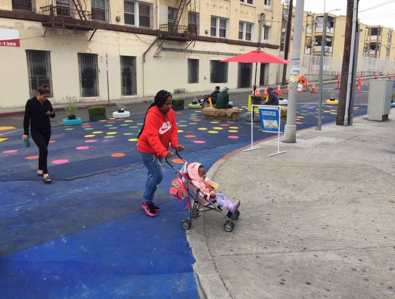 Temporary improvements make Little Street more pedestrian-friendly. Photos by Joe Linton/Streetsblog L.A.