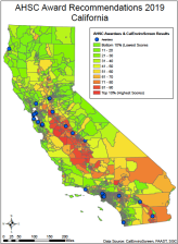 This map shows the geographic distribution of staff-recommended AHSC grants, overlayed onto a map showing CalEnviroScreen scores, which are used to define disadvantaged communities