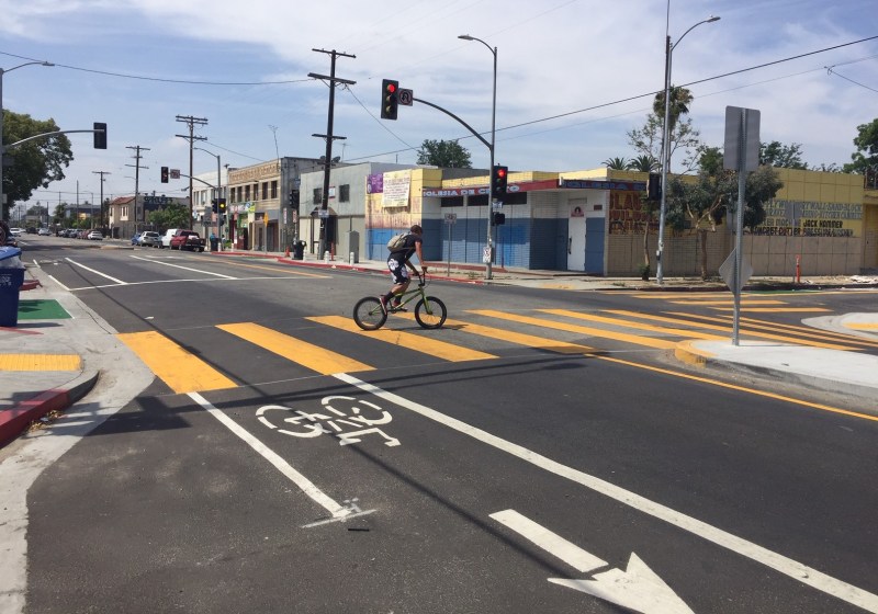 LADOT recently added road diet bike lanes to Hoover Street in South L.A.