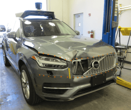 A post-crash photo of the self driving Uber car that killed a Tempe pedestrian. Photo: NTSB
