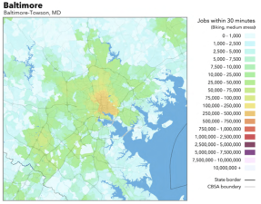 Accessibility to jobs in Baltimore by bike facilities. Map: University of Minnesota Accessibility Observatory