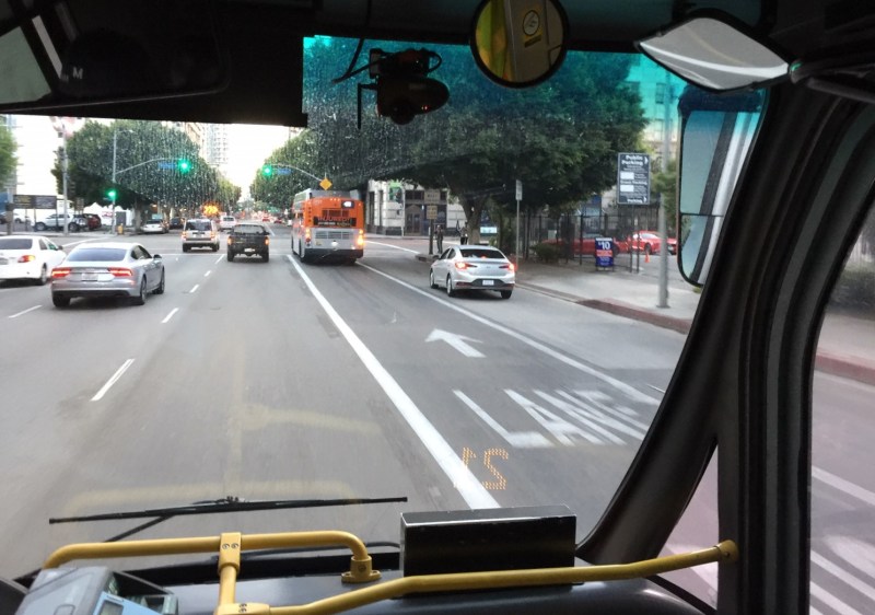 Downtown L.A.'s new Flower Street bus-only lane. Photo by Joe Linton/Streetsblog L.A.