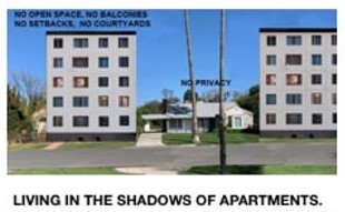 Jay Beeber rendering of six-story "giant apartment buildings to be built along Nordhoff towering over our single family homes"