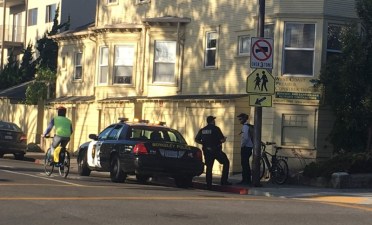 Berkeley PD ticket a bicyclist on Milvia St, a bike boulevard. All photos by Liza Lutzker