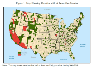 California stands out for its "nonattainment" areas, as well as for the high number of monitoring stations. Image from Recent Increases in Air Pollution: Evidence and Implications for Mortality by Karen Clay and Nicholas Z. Muller