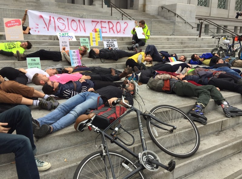 Safe streets advocates staging a die-in on the L.A. City Hall steps this morning. All photos by Joe Linton.