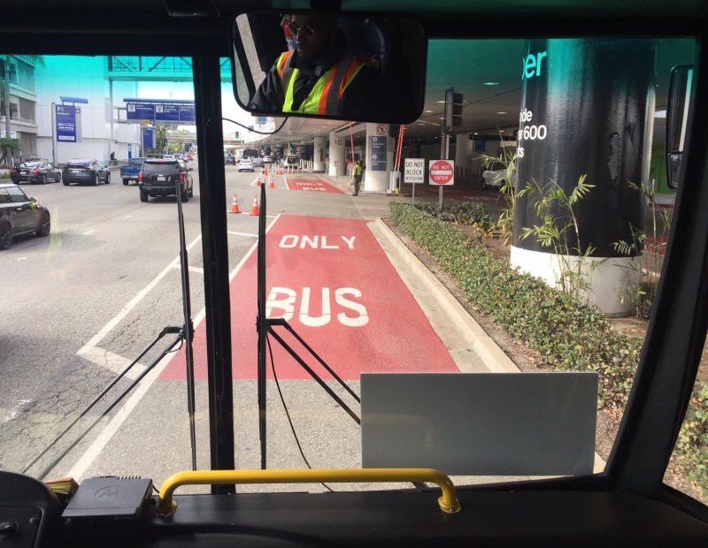 LAX's new red bus-only lanes - as seen from the Metro Green Line shuttle bus in late December. Photos by Joe Linton/Streetsblog L.A.