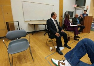 Last night's CD12 Transportation Forum. Left to right: empty chair (for John Lee), write-in candidate Asaad Alnajjar, candidate Loraine Lundquist, SBLA's Joe Linton, and L.A. Walks' John Yi. Photo by CiclaValley