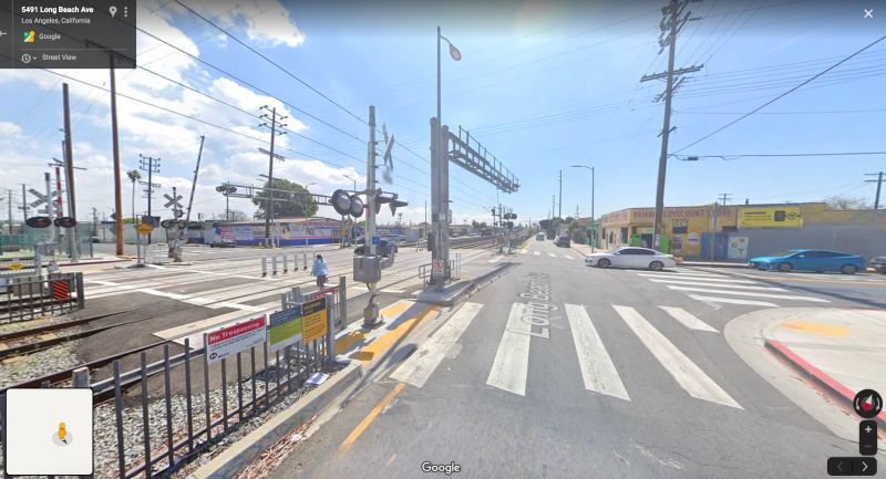 This past Monday, at 55th and Long Beach Ave., a driver turned in front of an oncoming Blue (A) Line train after failing to heed the flashing lights, bells, and lowered gate arm. Source: Google maps