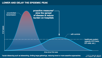 preventative measures are important for stretching out the geometric growth of uncontrolled transmission, so medical capacity is not overwhelmed - via Wikimedia commons